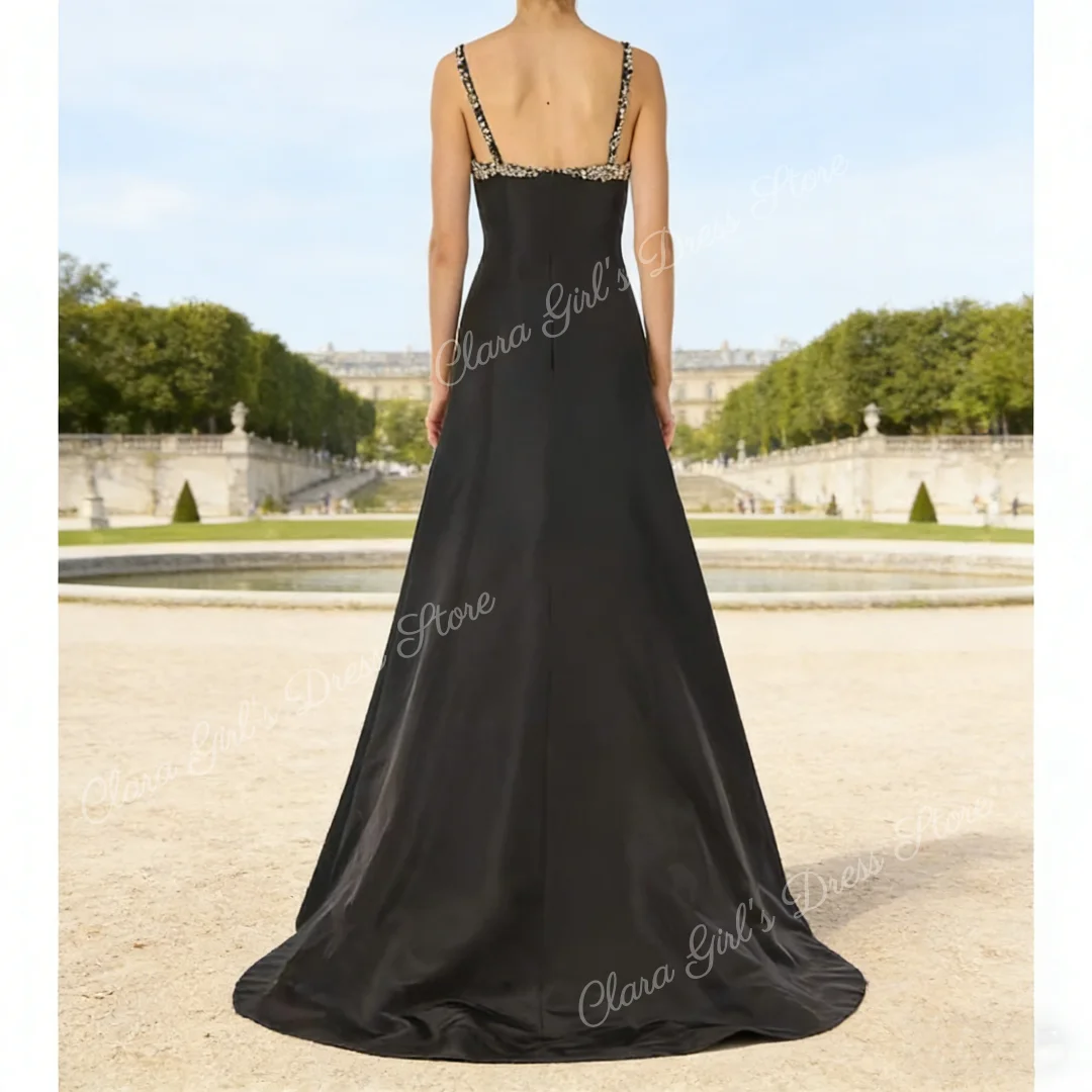 Schwarzes, elegantes Satin-Abendkleid für Damen, Kristall, dünne Träger, ärmellos, ausgestelltes Partykleid