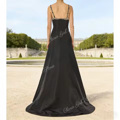 Black Elegant Satin Evening Dress for Women Crystal Thin Straps Sleeveless Flared Party Dress
