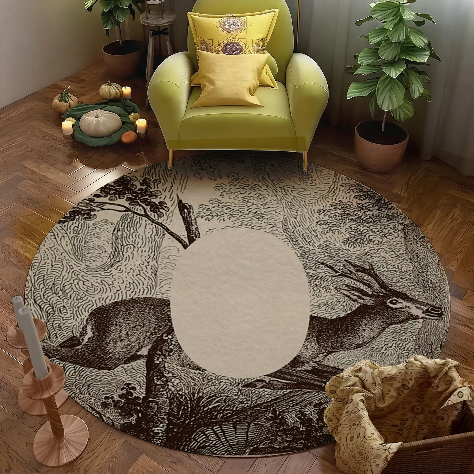 Stylish Round Deer Print Area Rug Boho Farmhouse Living Room Accent Carpet Wildlife Animal Pattern Decor Nursery Mat Islamic Sty - view 4