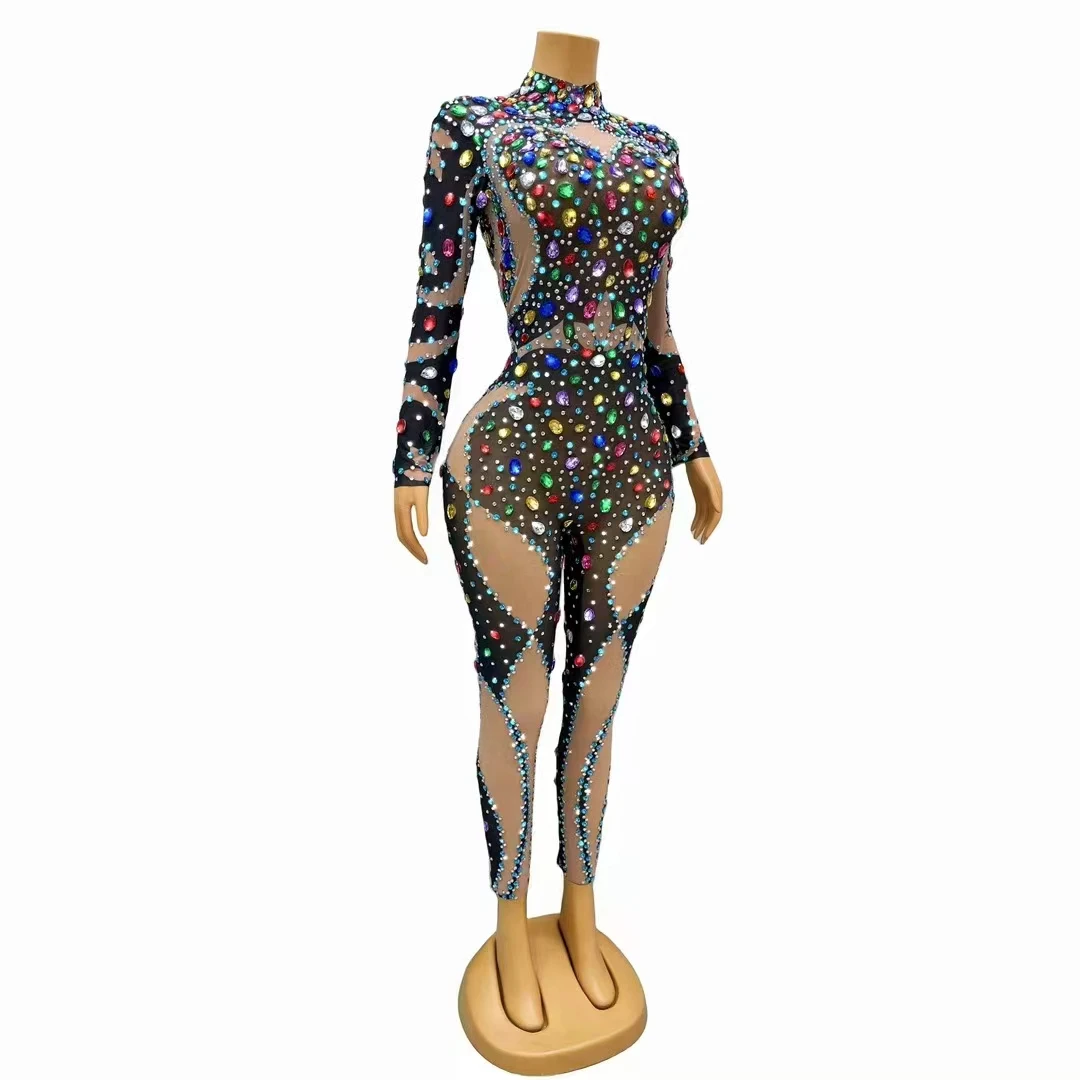 Female Long Jumpsuit Mesh Crystals Rhinestones Colorful Evening party Nightclub Club Fashion Sexy Performance Clothes Stage Wear