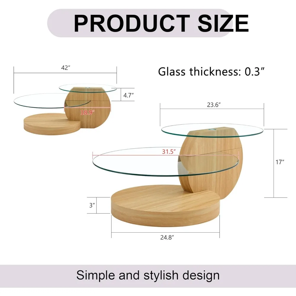 Mesa redonda de vidro com base de madeira, Mesas de café para sala de estar, Mesa final moderna do meio século, 3 camadas