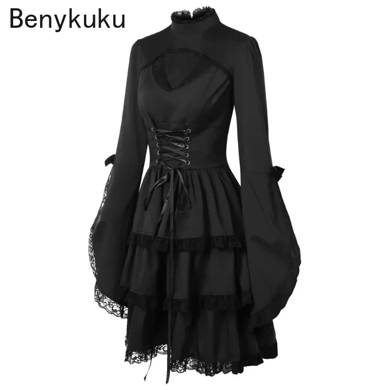 Women Gothic Punk Dress Long Flare Sleeve Sexy Black Mesh Sawing Medieval Vintage Elegant Lace Up Goth Retro Party Mini Dresses