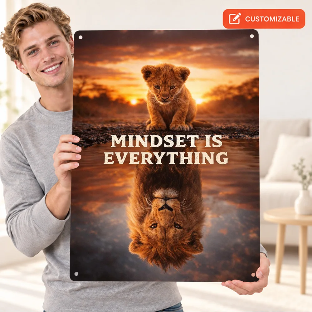 Lion Cub Mindset Quote Textured Metal Poster Personalized Aluminum Sign Bold Typography Wall Art For Study Housewarming Gift