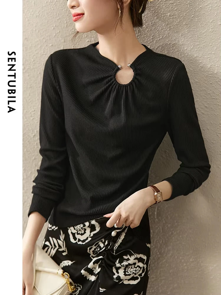 SENTUBILA Black Knitted T-shirts  for Women Long Sleeve Tops 2024 Cut Out Gathered Round Neck Slim Fashion T Shirts 123T45020