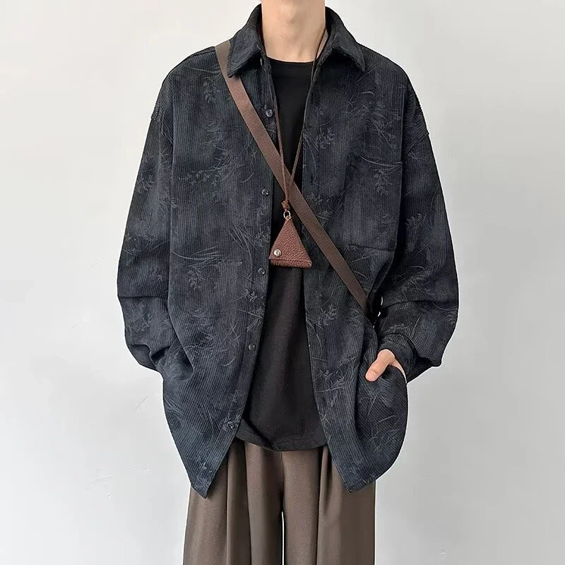 Camisas de manga larga de pana Jacquard para hombre, camisa estampada informal Vintage 2025, Y2K, moda Hip Hop, camisa masculina con botones, primavera