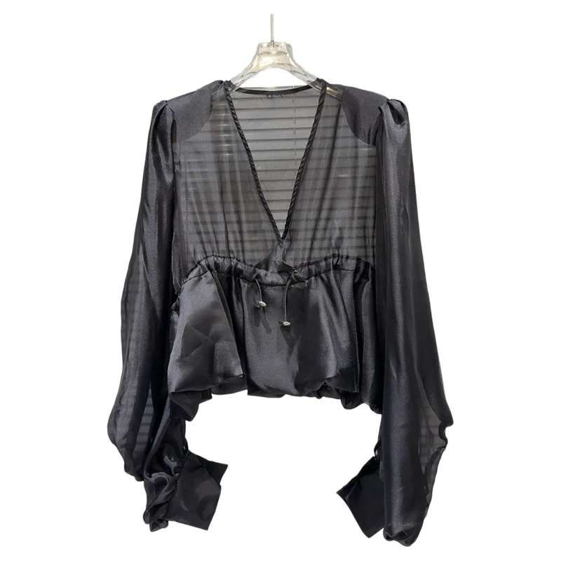 French Celebrity V-neck Drawstring Waist Design Glass Yarn Shirt Women 2025 Spring and Summer New V Neck Long Sleeve Short Top