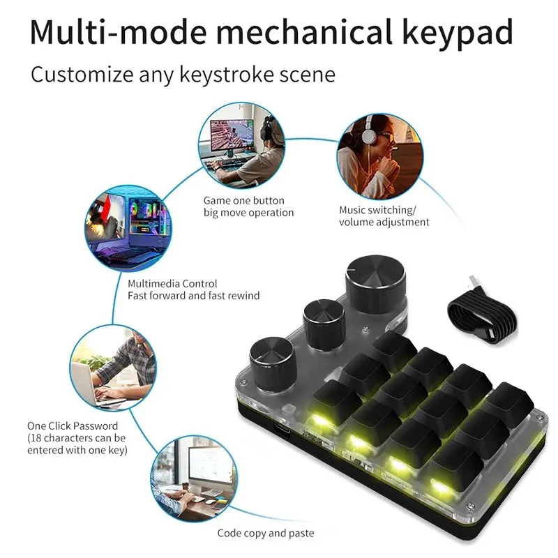 Ammtoo-Teclado personalizado de programação macro, 12 teclas, 3 botões, RGB 18 caracteres, Uma chave senha copiar colar, Teclado Hotswap mecânico