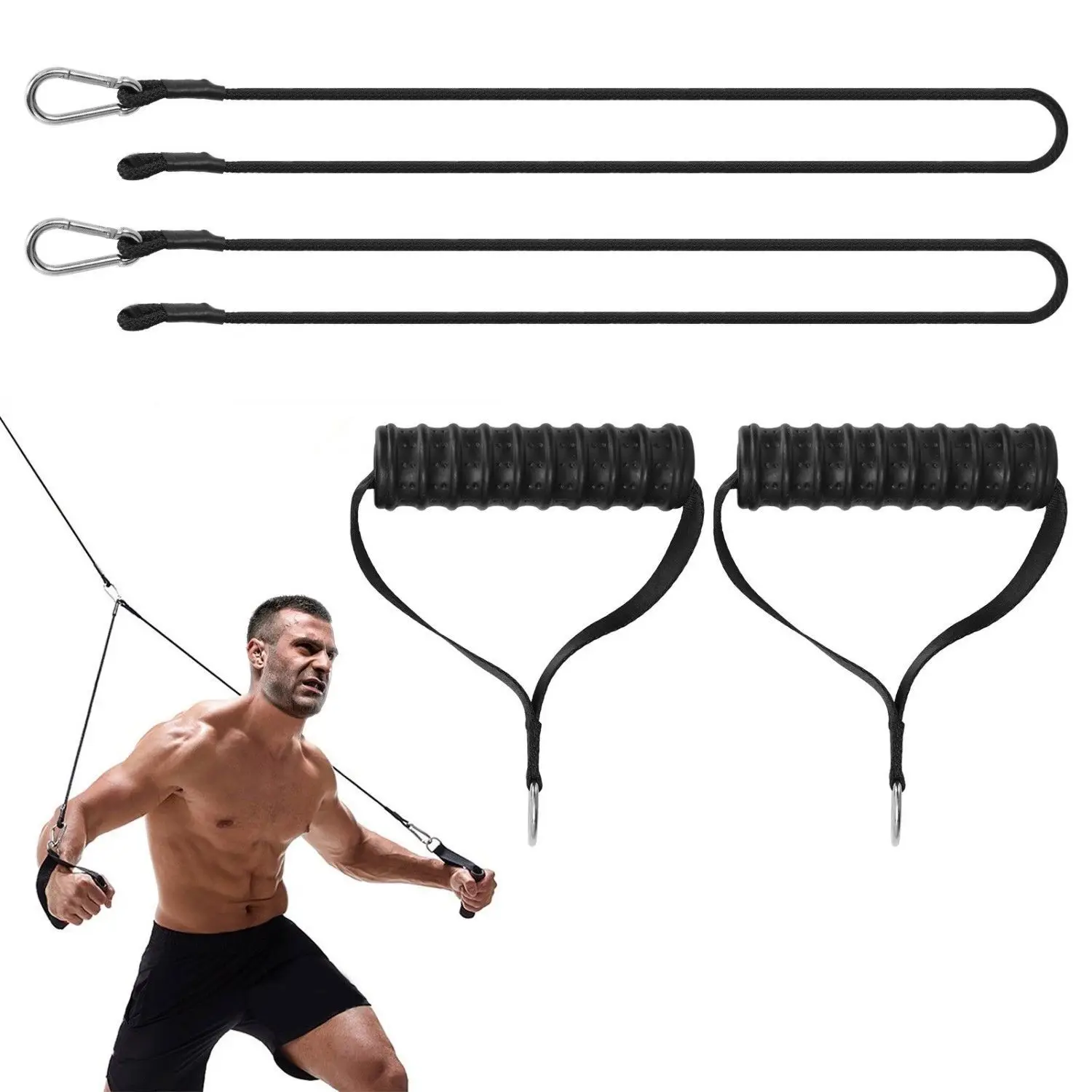 Durable non slip cable handle grips with nylon rope and carabiner great for chest fly lat pulldown and arm training for home gym
