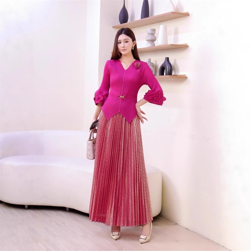 ANLAN Niche Pleated Women's Two Pieces Set Irregular Fish Scale Pleated Top And Gold Foil Printing Elastic Waist Skirt 3AN9965