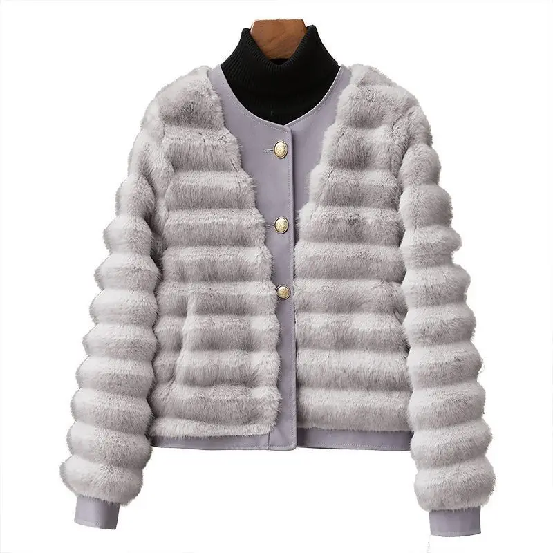 Disponibile per il nuovo stile autunno/inverno 2025 di petite pelliccia di visone dorato, pelliccia ecologica Haining con collo rotondo imitazione visone