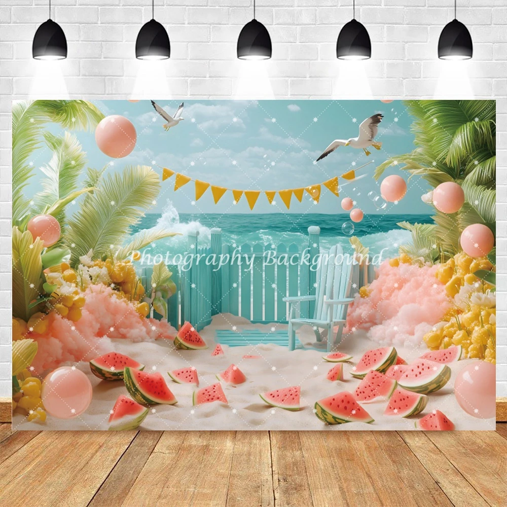 Hawaii Summer Seaside Photography Backdrop Tropical Fruit Sailing Beach Umbrella Banner Birthday Photo Background Vacation Decor