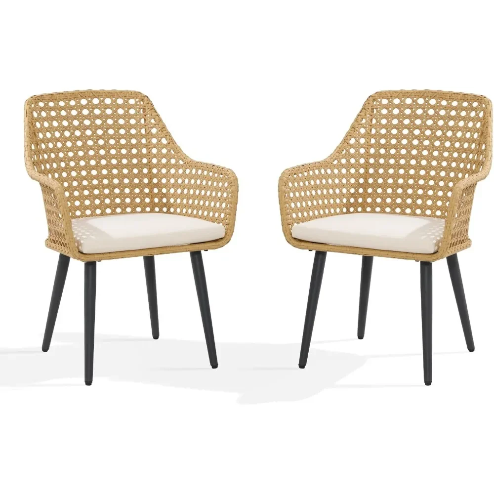 Outdoor Rattan Dining Chair with Cushion and Armrest, Rust-Resistant Steel Frame Dining，Patio Modern Dining Chairs Set of 2