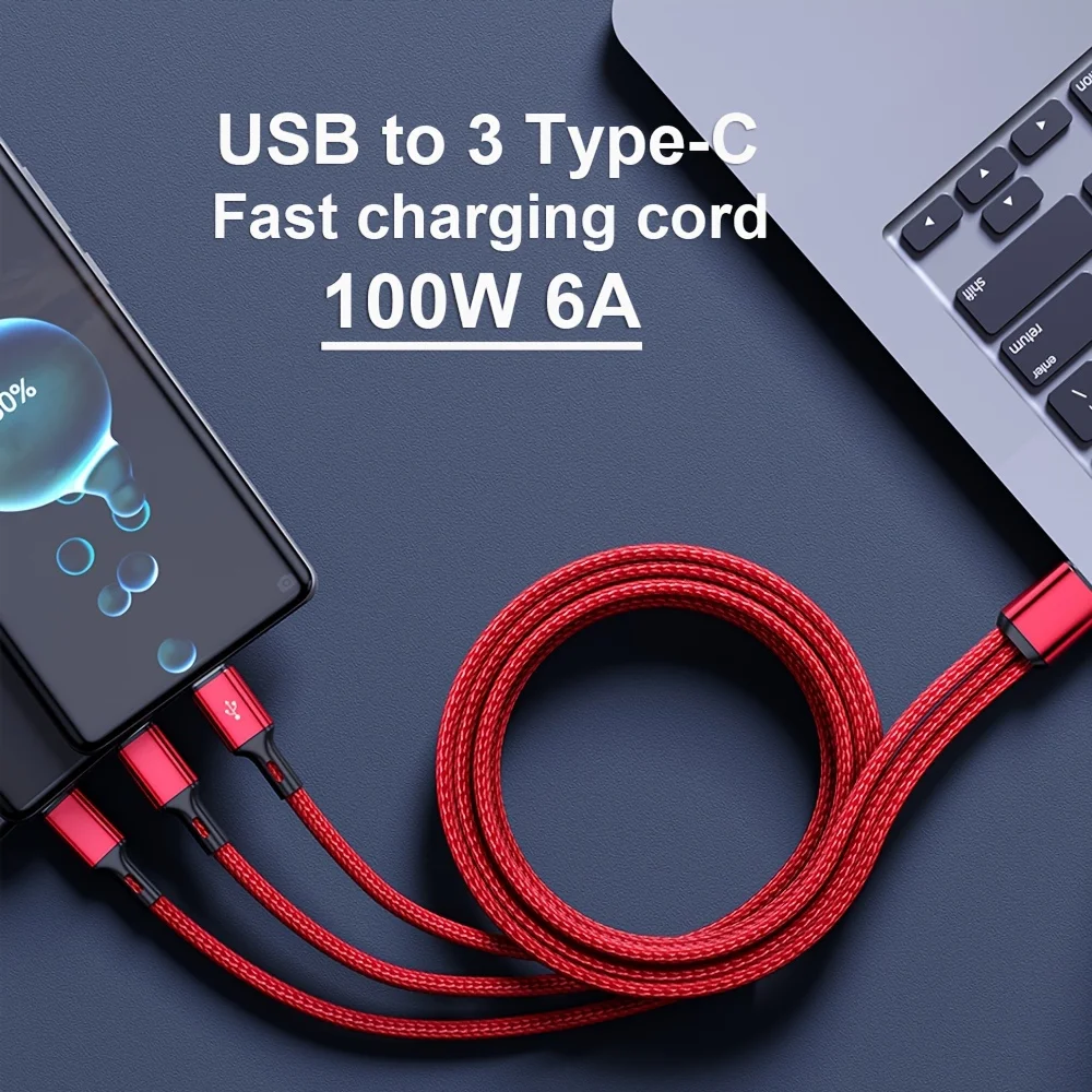 كابل شحن سريع متعدد المنافذ 3 في 1 USB-A إلى 3 × كابل شحن سريع من النوع C 100 وات 6A لهاتف Samsung Galacy S24 Xiaomi Redmi Huawei USB C كابل شحن