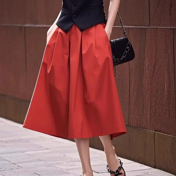 

Large size 2025 temperament summer new thin red high waist unique good-looking versatile Berkeley skirt