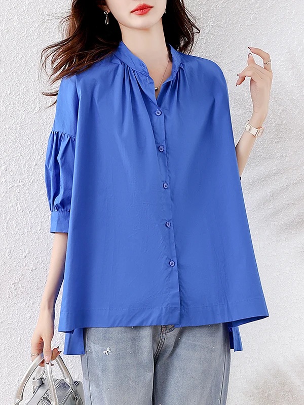 Top da donna allentato in cotone blu irt primavera estate nuovo arrivo Ele Sle colore puro ort Sve abbottonato