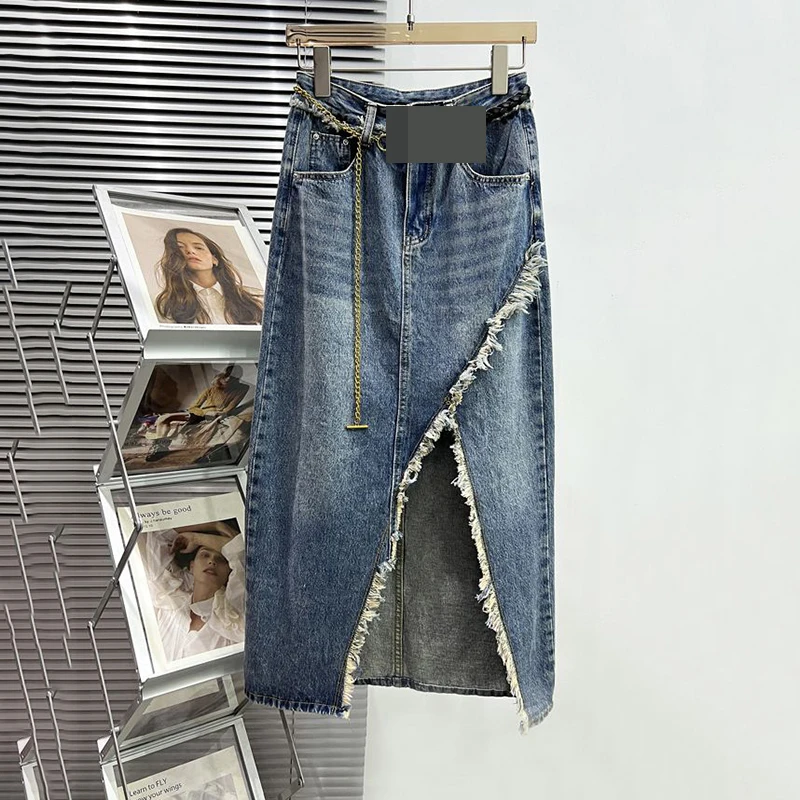 Black High Waist Split Denim Skirt Women's Spring/Summer Large Medium Length A-line Wrapped Hip Long Skirt