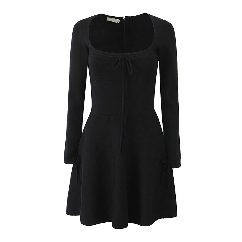 YENKYE Sexy Women High Quality Bow Square Collar Knit Dress Long Sleeve Low Waist A-line Mini Sweater Dresses Autumn Robe