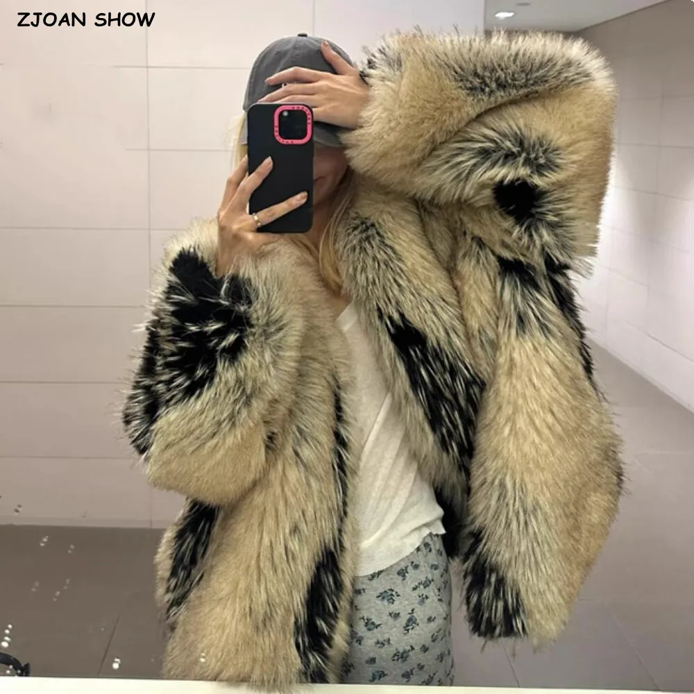 

High Quality Winter O neck Contrast Color Hairy Fox Faux Fur Coat Women Long Sleeve Warm Shaggy Oversized Jacket Loose Outerwear