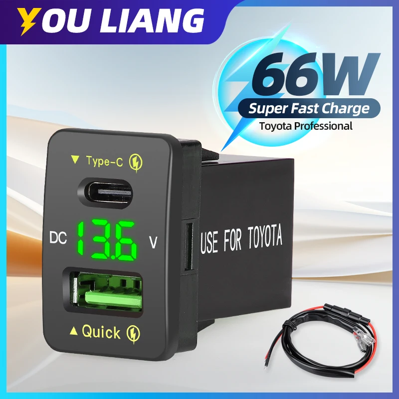 66w usb pd & qc3.0 telefones celulares carga rápida para toyota tipo c tomada de energia com voltímetro led 12v 24v carregador de carro acessórios