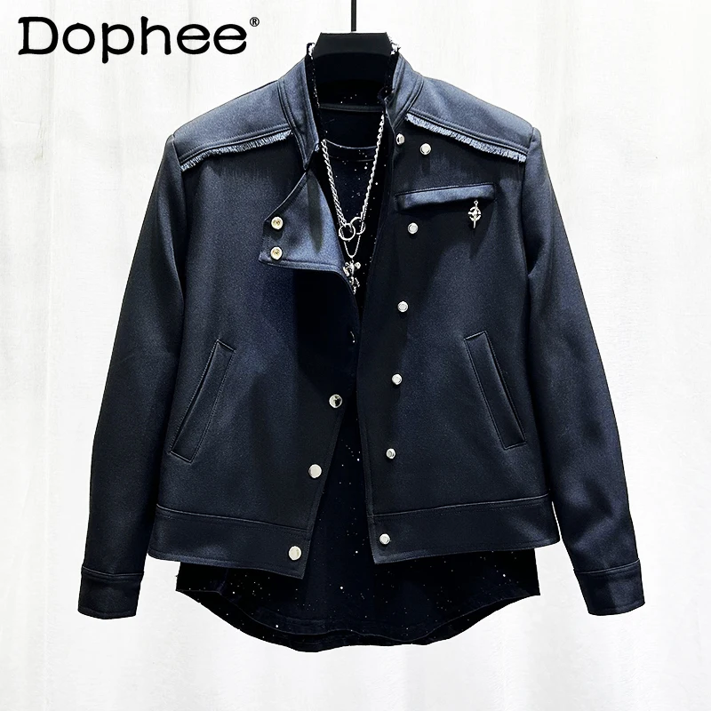 

2024 Autumn New Trendy Diagonal Buckle Stand Collar Rough Edge Jacket Men's Trendy Handsome Loose Short Black Long-sleeve Jacket