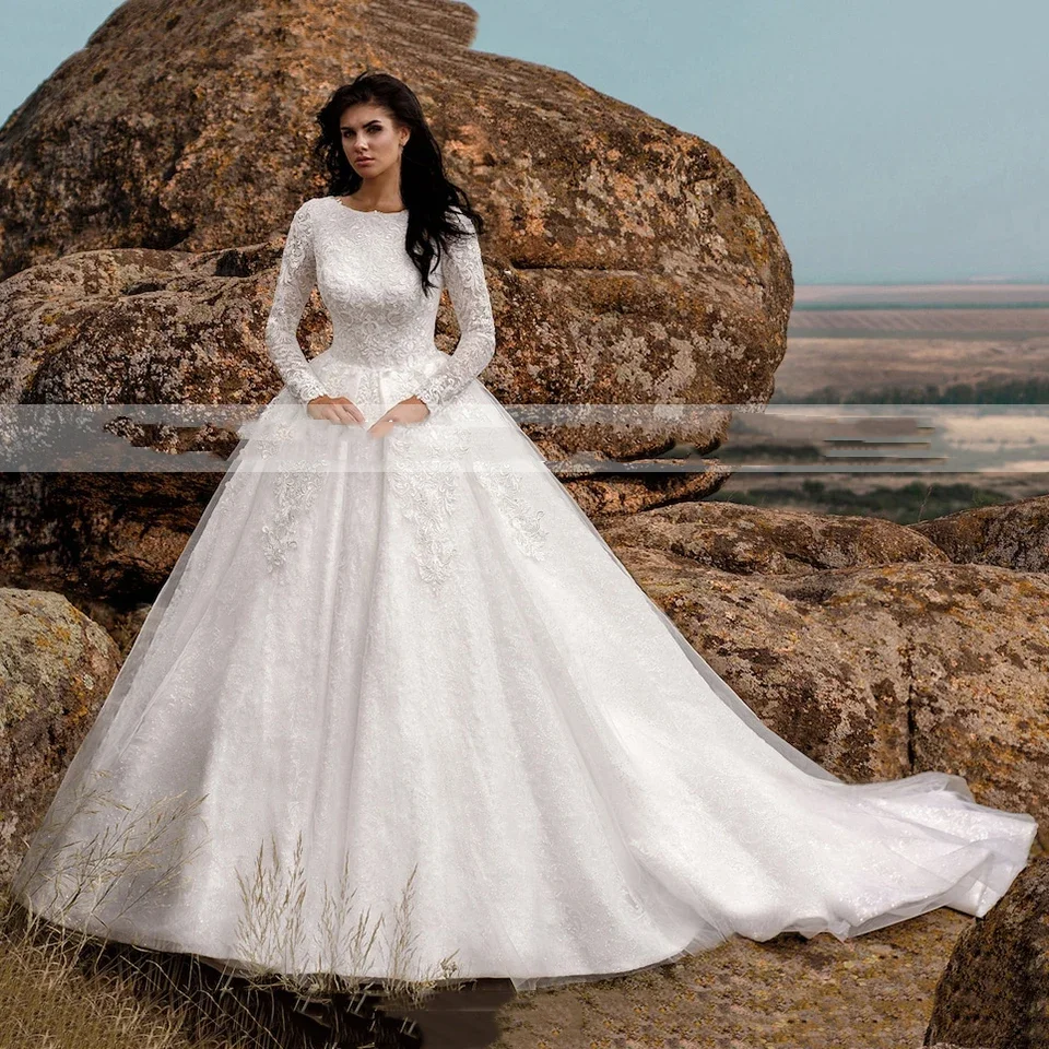 Personalizado o-pescoço apliques mangas compridas vestidos de casamento branco aline até o chão varredura trem vestido de noiva novia