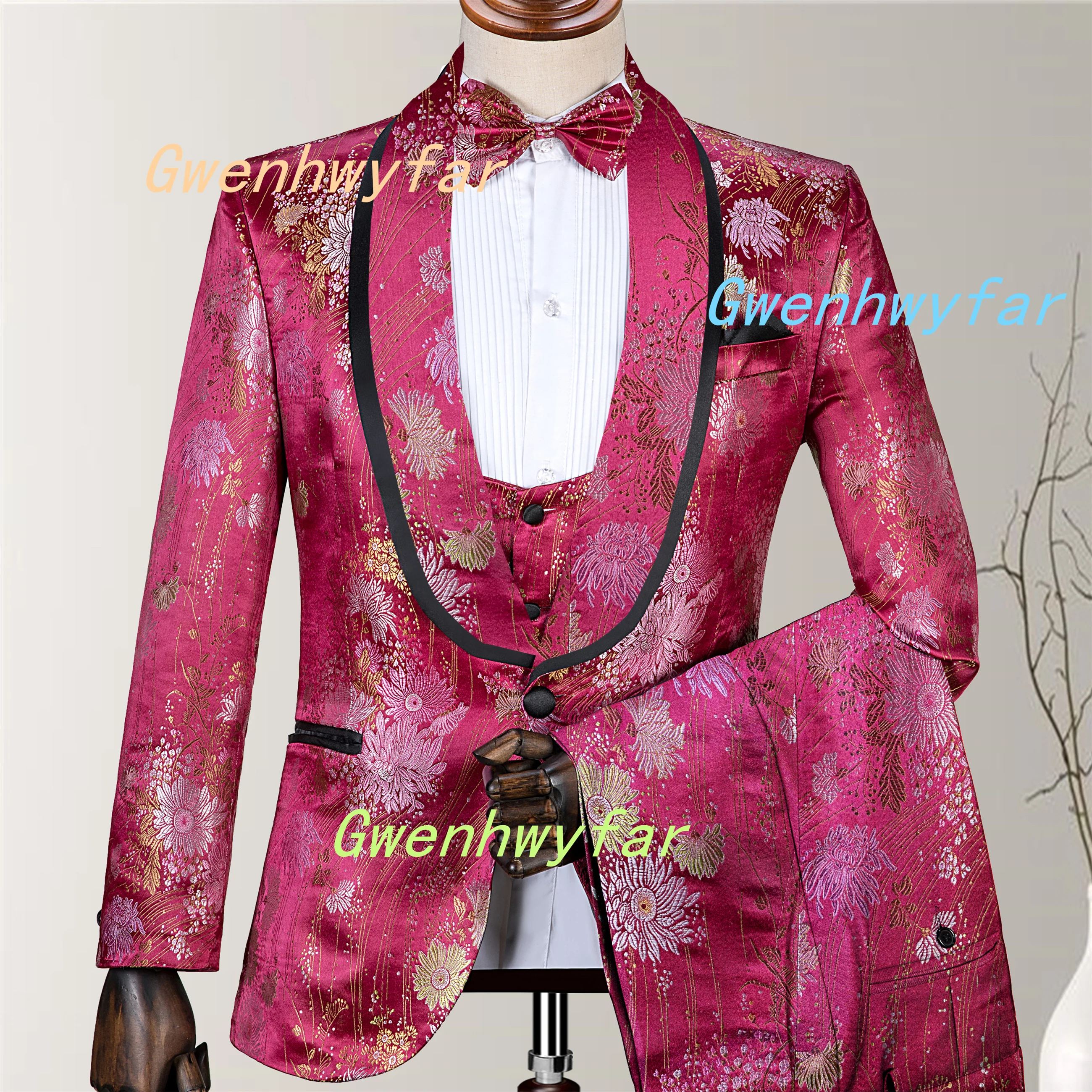 Gwenhwyfar Elegant Chrysanthemum Patterned Men Suits in Brocade 2025 Wine Red Single Breasted Evening Party Tuxedo of Men's