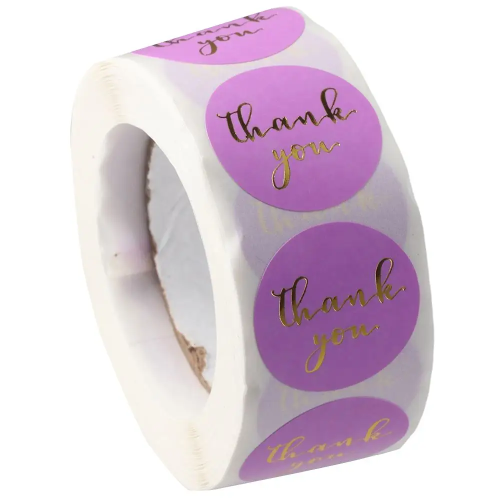 500 Pcs Thank You Stickers Fashion Round Purple Gold Font Stickers Self-Adhesive 1in Label Stickers Label Roll