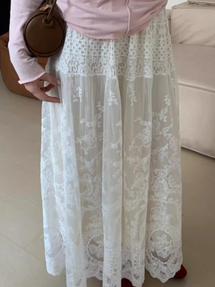 Lace Embroidery Flower Vintage Women Skirt Y2k Aesthetic High Waist Hollow Out Fairy Skirts A-line Long Harajuku Grunge Faldas