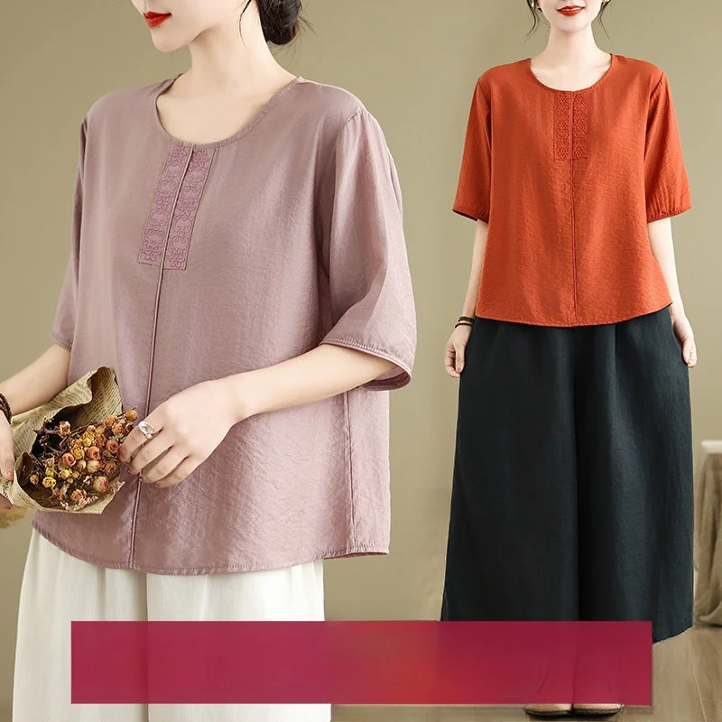 

Elegant plus Size Loose Style Shirt Slimming Versatile Embroidered Top Trendy Breathable Polyester Blend Women's Shirt