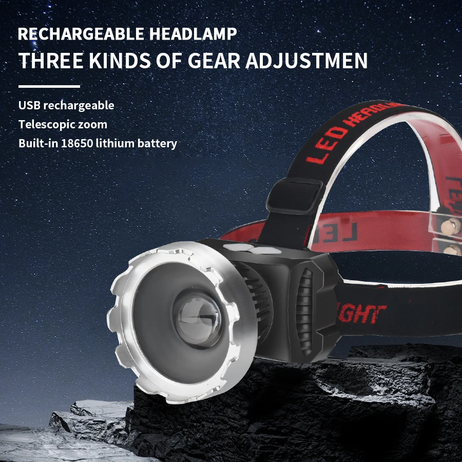 

C2 Super Bright P50 LED Headlamp Telescopic Zoom Head Flashlight Built-in 16850 Battery USB Rechargeable Fishing Lantern Camping