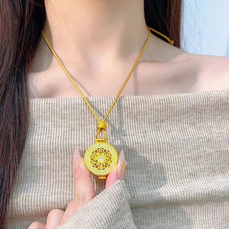 Unisex 24K Gold AU999 Fortune-Turning Eight-Treasure Compass Necklace | Magnetic detachable cover with Taoist inscriptions