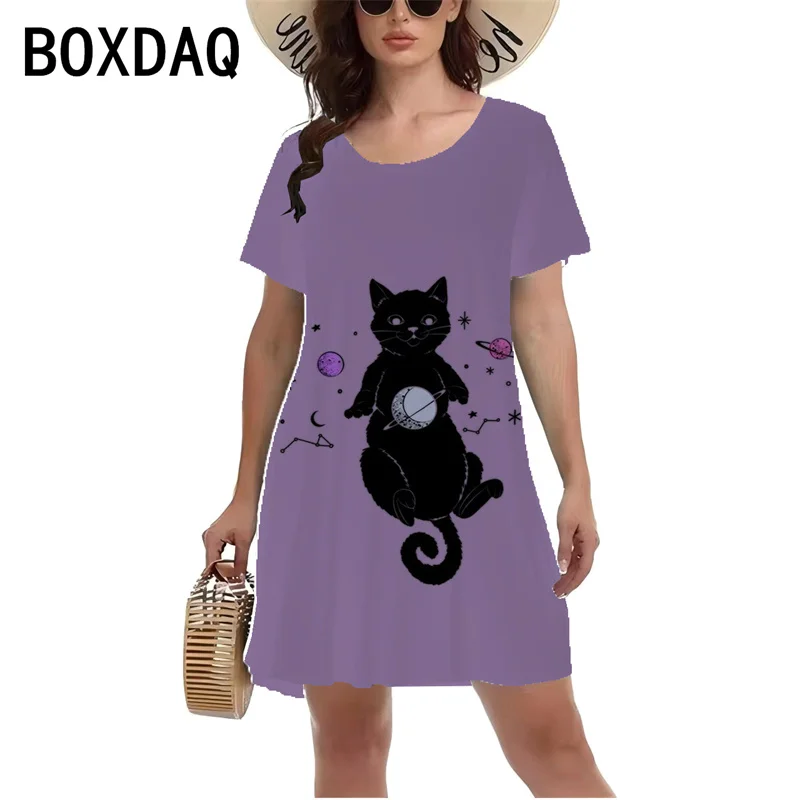 Women's Summer Short Sleeved Casual Dress Cartoon Cat Printed Mini Dress Fashion Personality Street A-Line Dress Vestidos