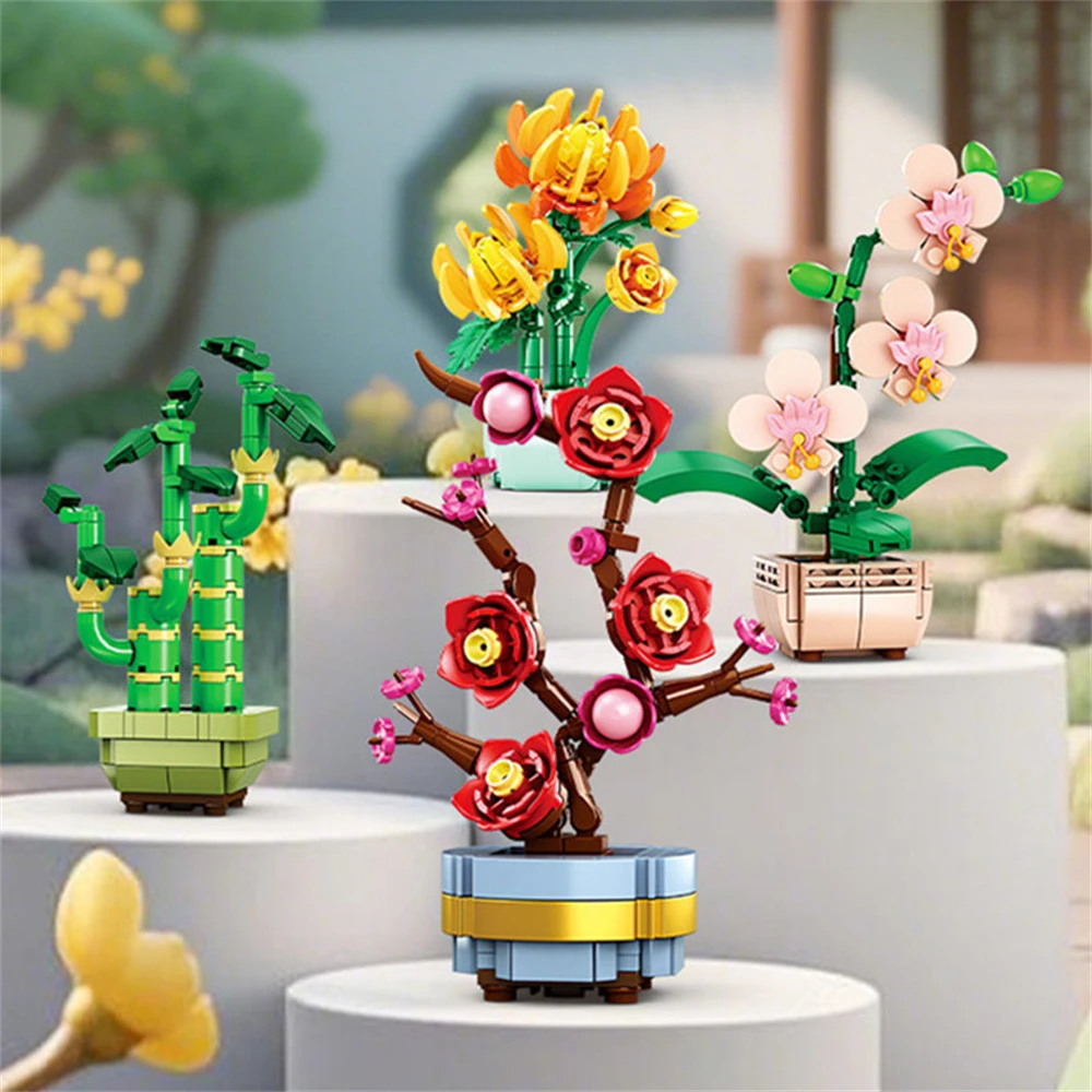 

Flower Bouquet Plum Blossom Peach Blossom Narcissus Bonsai Potted Plant Building Blocks Model Home Decoration Toy For Kids Gift﻿