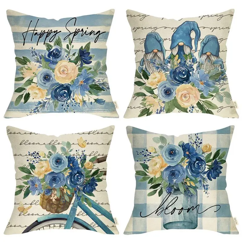 A24I Spring Pillow Covers 18X18 Set Of 4 Farmhouse Throw Spring Decorations Home Decor for Couch Sofa