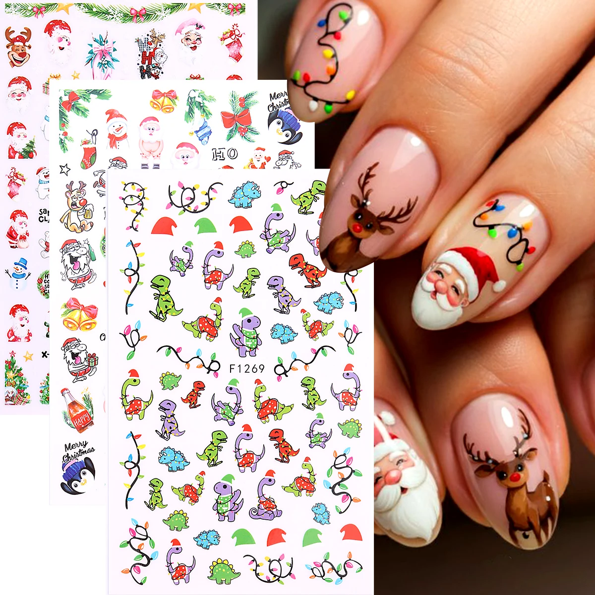 Cartoon Christmas Nail Stickers Santa Elk Dinosaur Christmas Light Pattern Nail Decals Xmas Nail Art Decor for Women Kids Holida