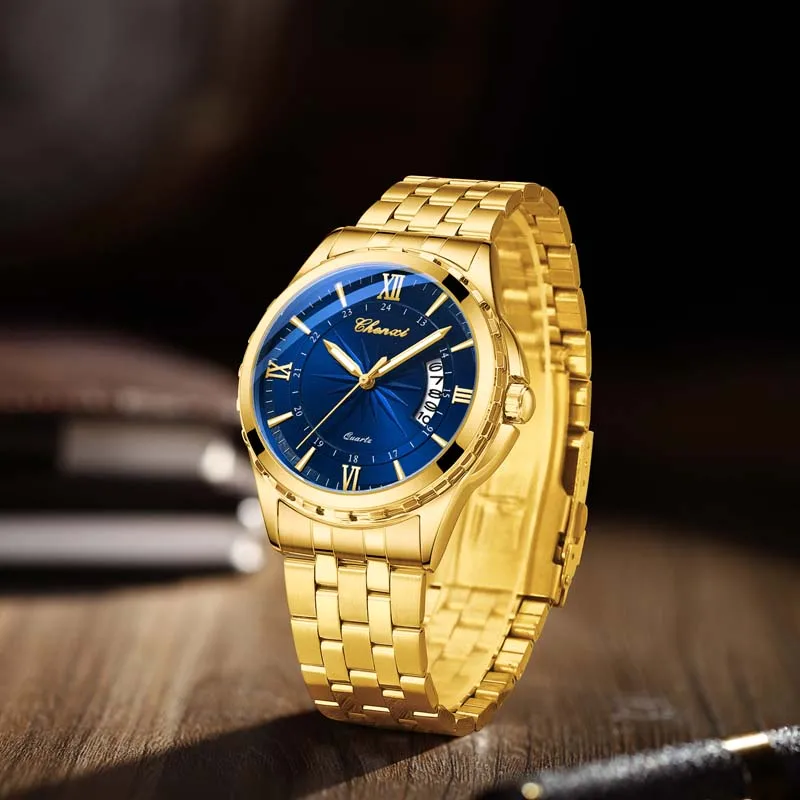 CHENXI брендовые золотые мужские часы, модные деловые водонепроницаемые кварцевые наручные часы с календарем, мужские часы, ремешок для часов из нержавеющей стали