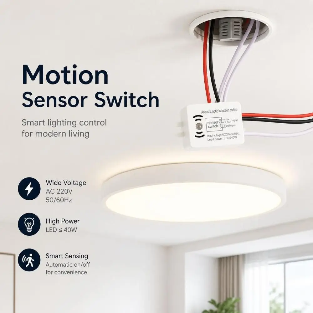 2pcs AC 220V Sound Activated Switch 4-Wire Connection Auto ON OFF Light Control Switch 40W Rating Wall Light Switch
