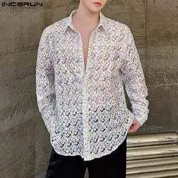 INCERUN Tops 2024 Korean Style New Men's Organza Floral Perspective Design Shirts Casual Clubwear Thin Long Sleeved Blouse S-5XL