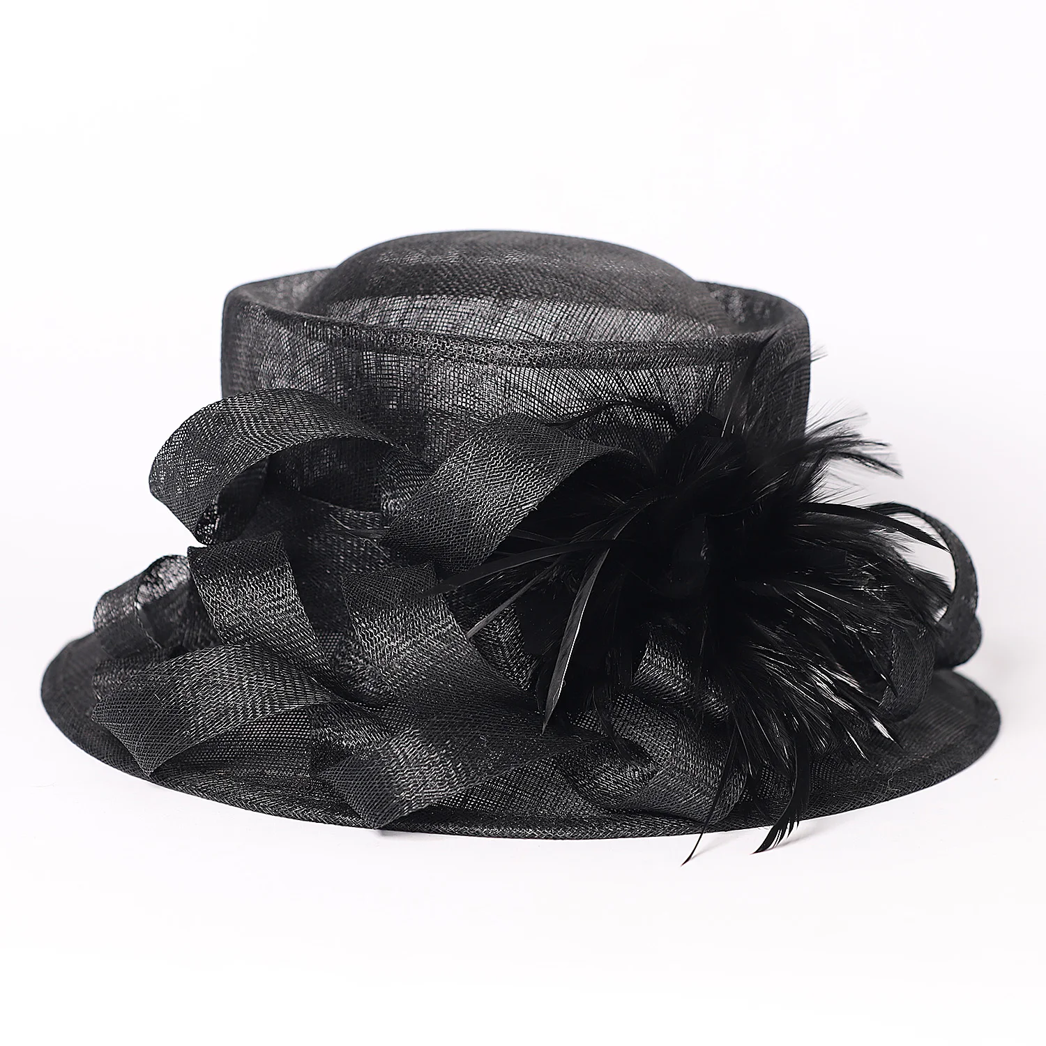 FS Luxury Black Sinamay Bowler Hat With Feather Winter Wedding Bridal Hats For Women Cocktail Party Derby Cap Chapeau Femme 2025