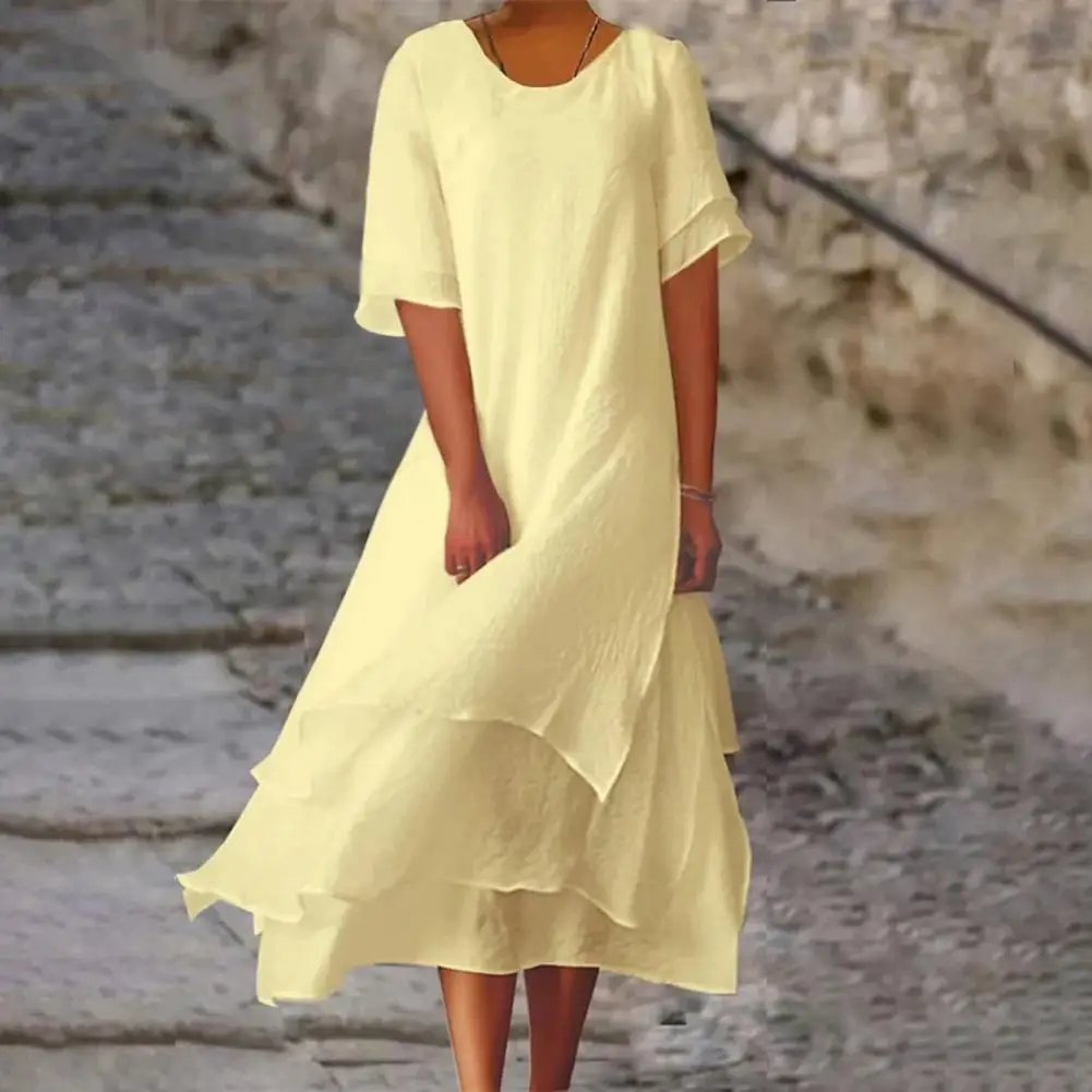 Vestido de bainha de várias camadas feminino, elegante vestido Midi, bainha de fenda, ajuste solto, redondo, monocromático