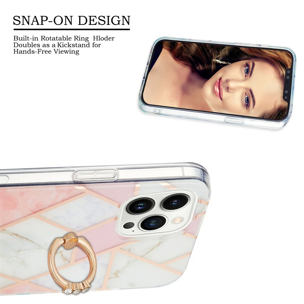 IMD Splicing Marble Ring Stand Case para iPhone, à prova de choque, robusto, pára-choques, capa protetora, iPhone 15, 15 Pro, 15 Plus, 15 Pro Max