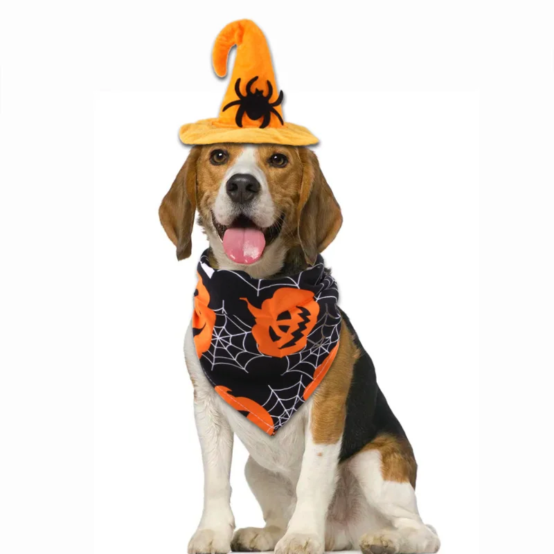 Halloween Cat Bandana Hat Set, Pet Dog Accessories, Pumpkin Print Puppy Adjustable Cap, Triangular Scarf, Cute Funny Dog Costume