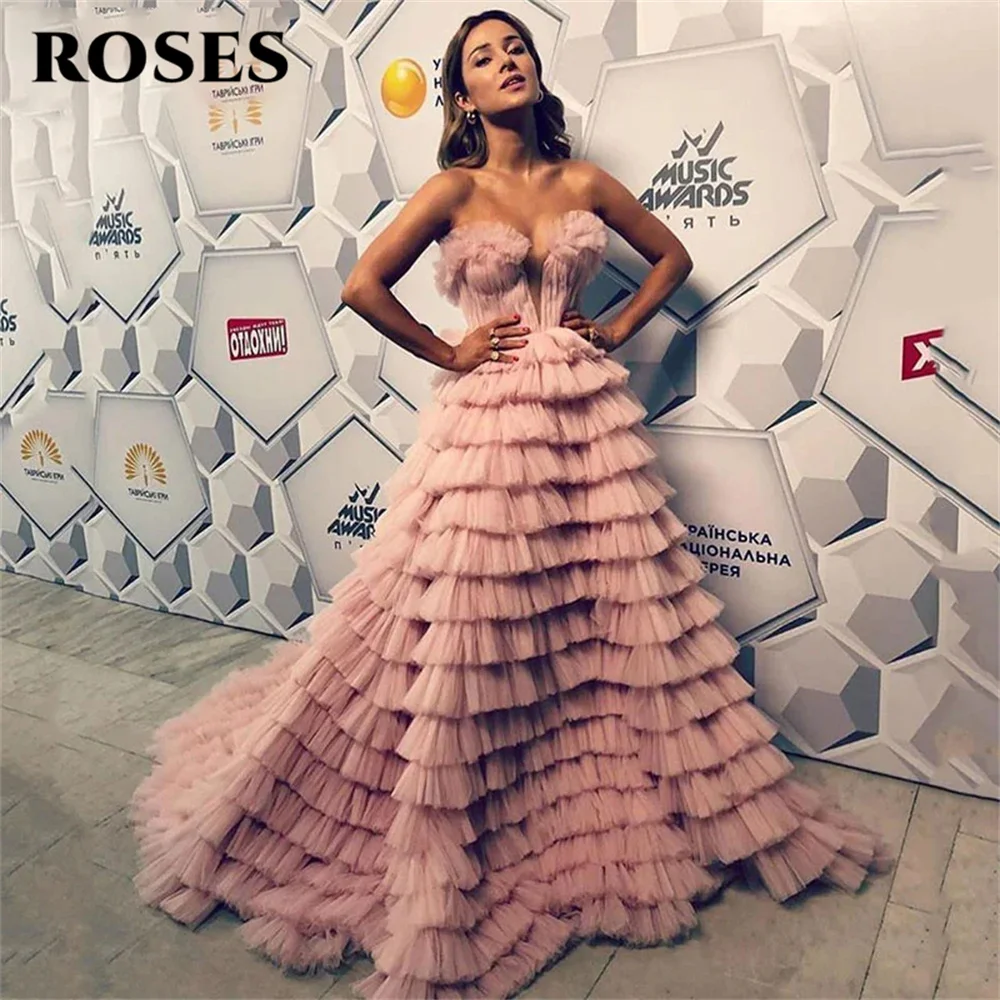 

ROSES Pink A Line Special Occasion Dress Tiered Layer Formal Gown Sleeveless V Neck Net Long Evening Dresses vestidos de fiesta