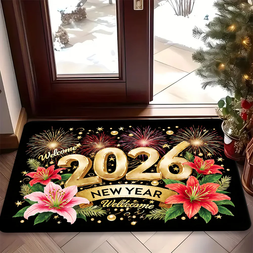 VIKAMA2026 NEUES JAHR Teppich Blumenmatte Warme Fußmatte Willkommensmatte Küchenteppich Badezimmermatte Teppich für Schlafzimmer Teppich für Wohnzimmer