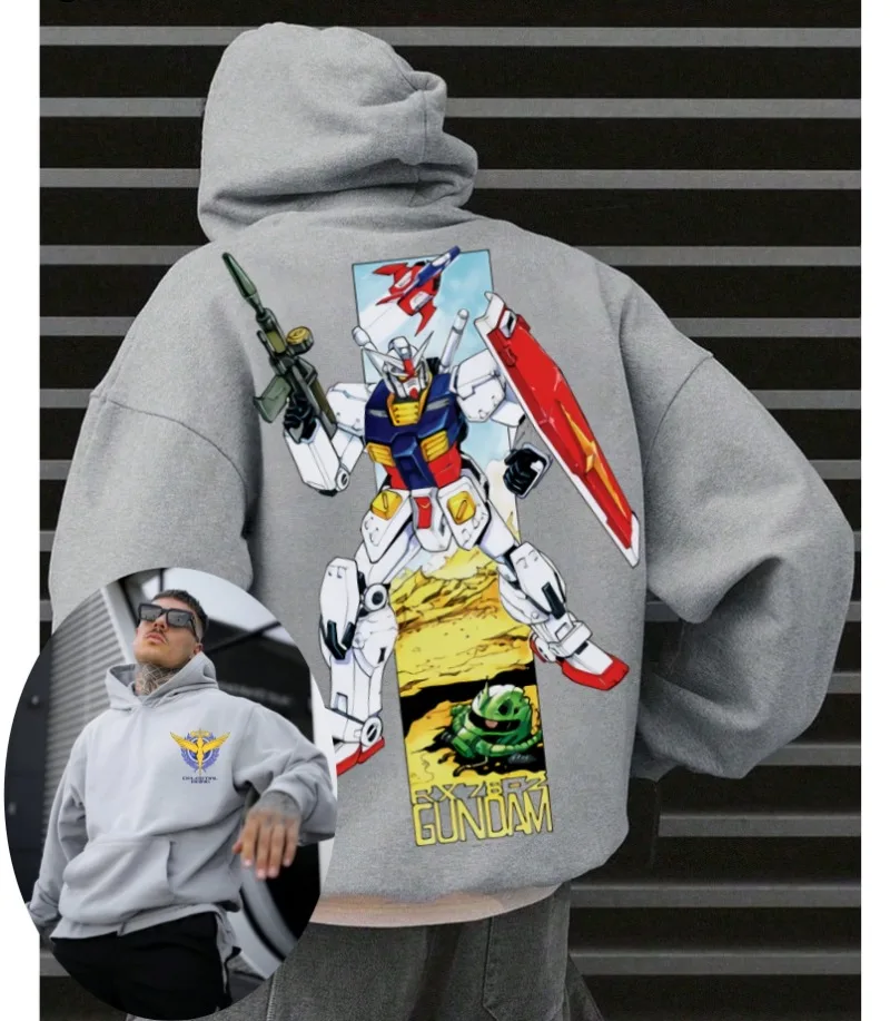 2025 Classic Bandai Gundam Mech Vorne und Hinten bedruckte Rückseite, großes Muster, verdickt, lässig, locker, Herbst/Winter 2yk Hoodie