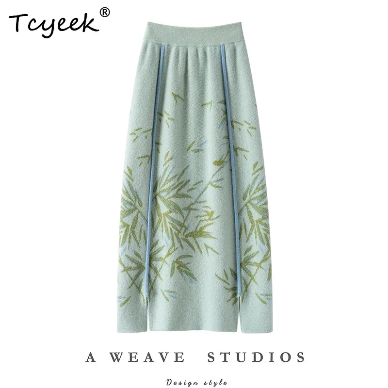 New Chinese Style Women Long Skirt Suite 100% Cashmere Straight Skirt Autumn Winter Skirt Warm Knit Elegant Dress Bamboo Pattern