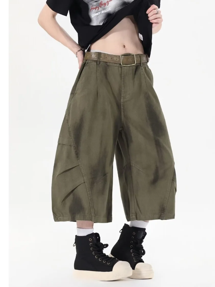 

Мужские повседневные джинсы American High Street Dir Dye с широкими штанинами и семью футами, летняя свободная рабочая одежда, модная брендовая одежда средней длины для отдыха...