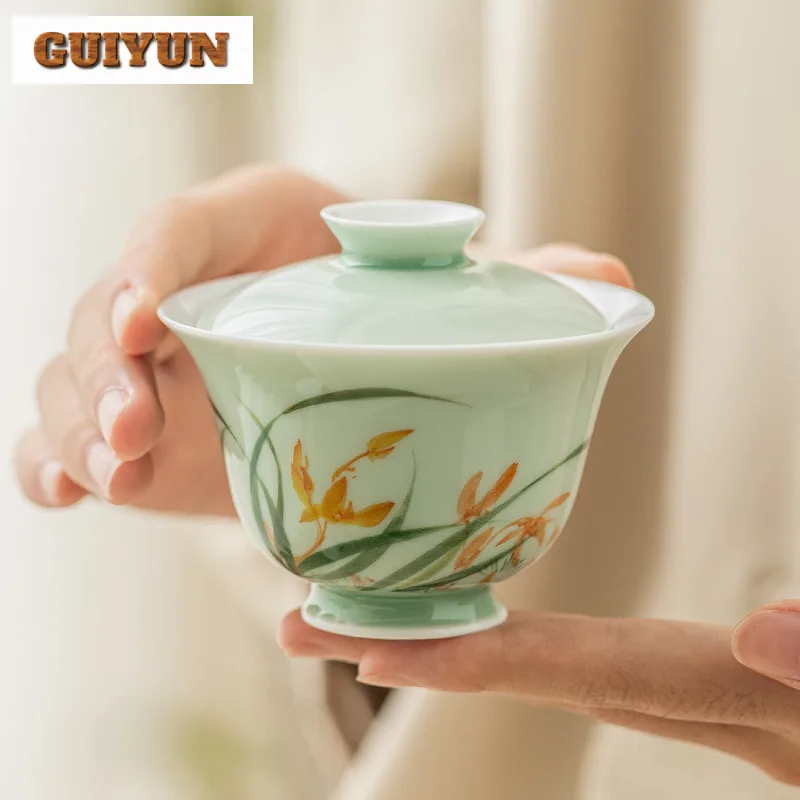 80ml Hand-painted Orchid Gaiwan Aesthetic Bluish Green Galze Tea Tureen Zen Tea Maker Cover Bowl Cafes Accessories Ornaments