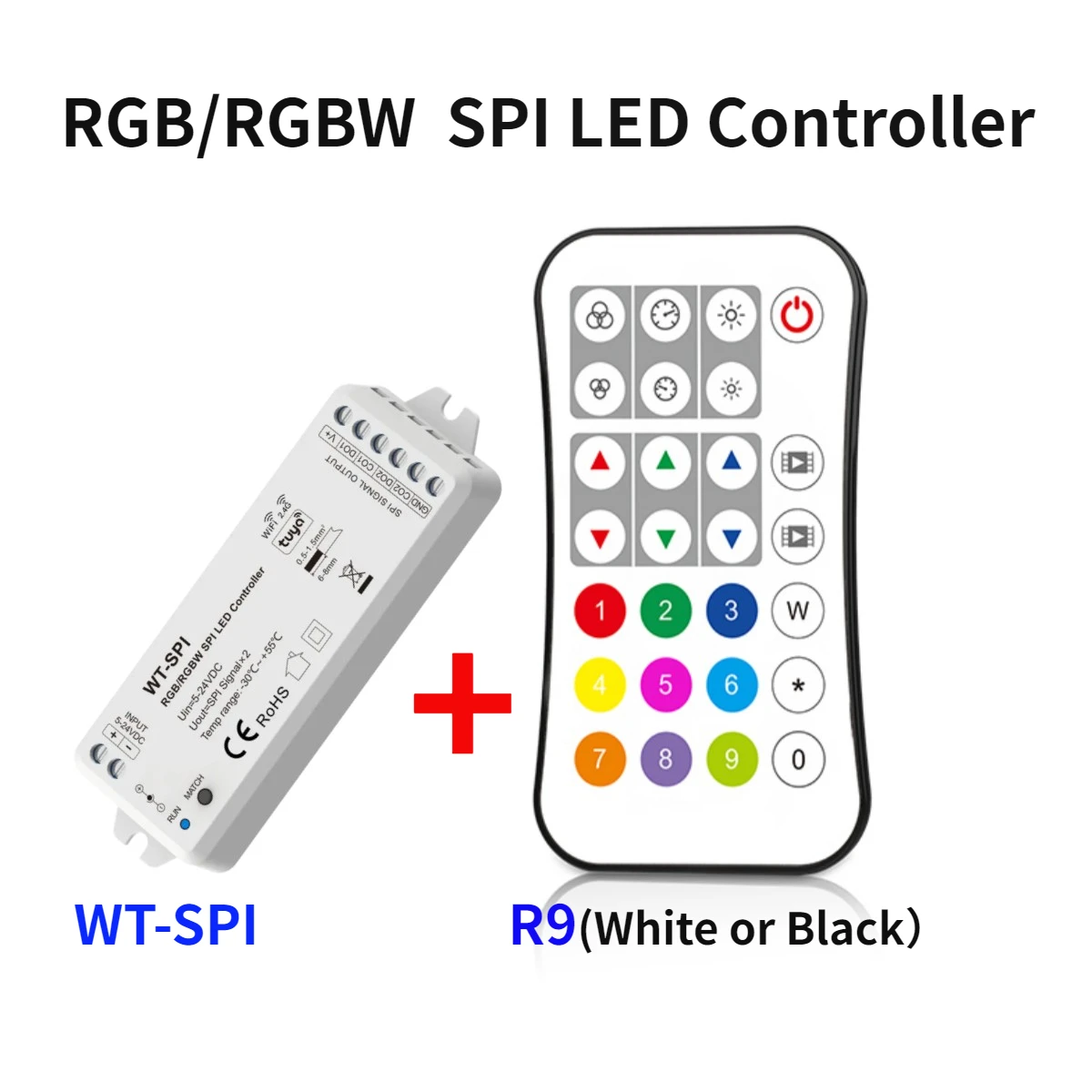 

WT-SPI Tuya 5V-24VDC 12V 2.4G RF SPI LED Wifi Controller R9 Remote For WS2811 WS2812 WS2815 UCS1903 Pixel RGB/RGBW LED Strip