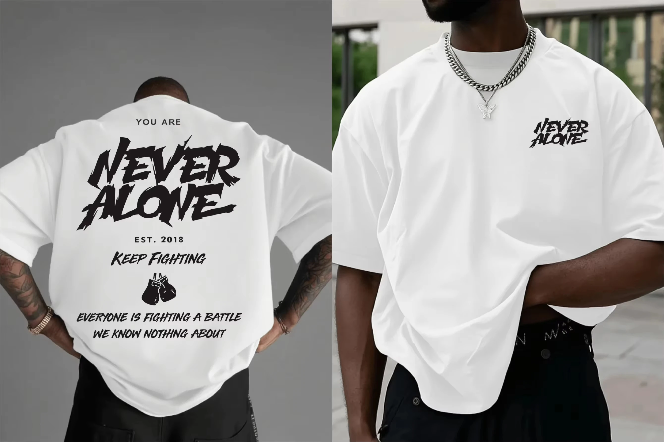 2026 Herren Motivations-T-Shirt mit Boxmotiv „Never Alone“, Weiches Atmungsaktives Gewebe, Reguläre Passform, Lässiges T-Shirt mit Inspirierendem Zitat EST – Detail 2